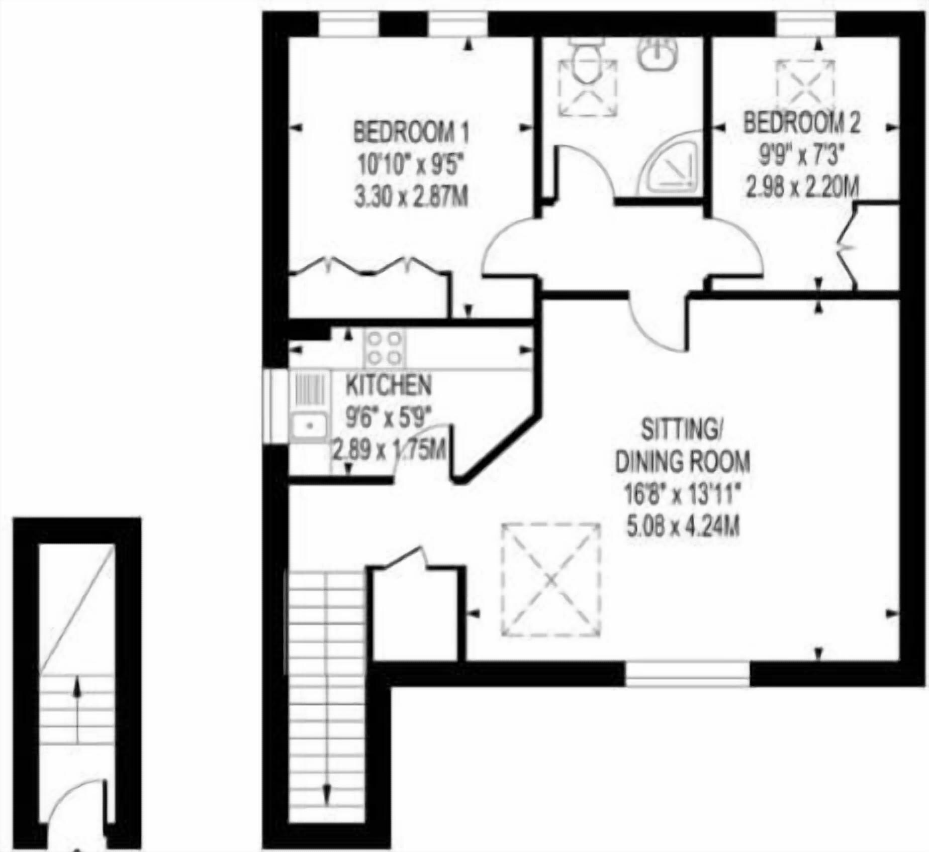 Ein Grundriss mit zwei Schlafzimmern, einer Küche, einem Wohn-/Esszimmer und einer Treppe.