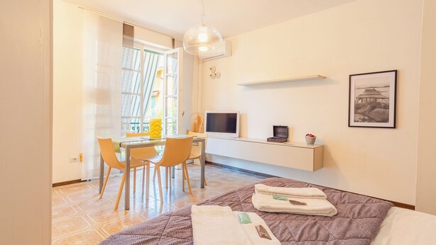 A hotel room with a bed, a desk with a chair, a TV, and a picture on the wall. - Sirmione Studio Apartment (Sirmione)