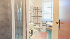 Shower, hair dryer, bidet, towels