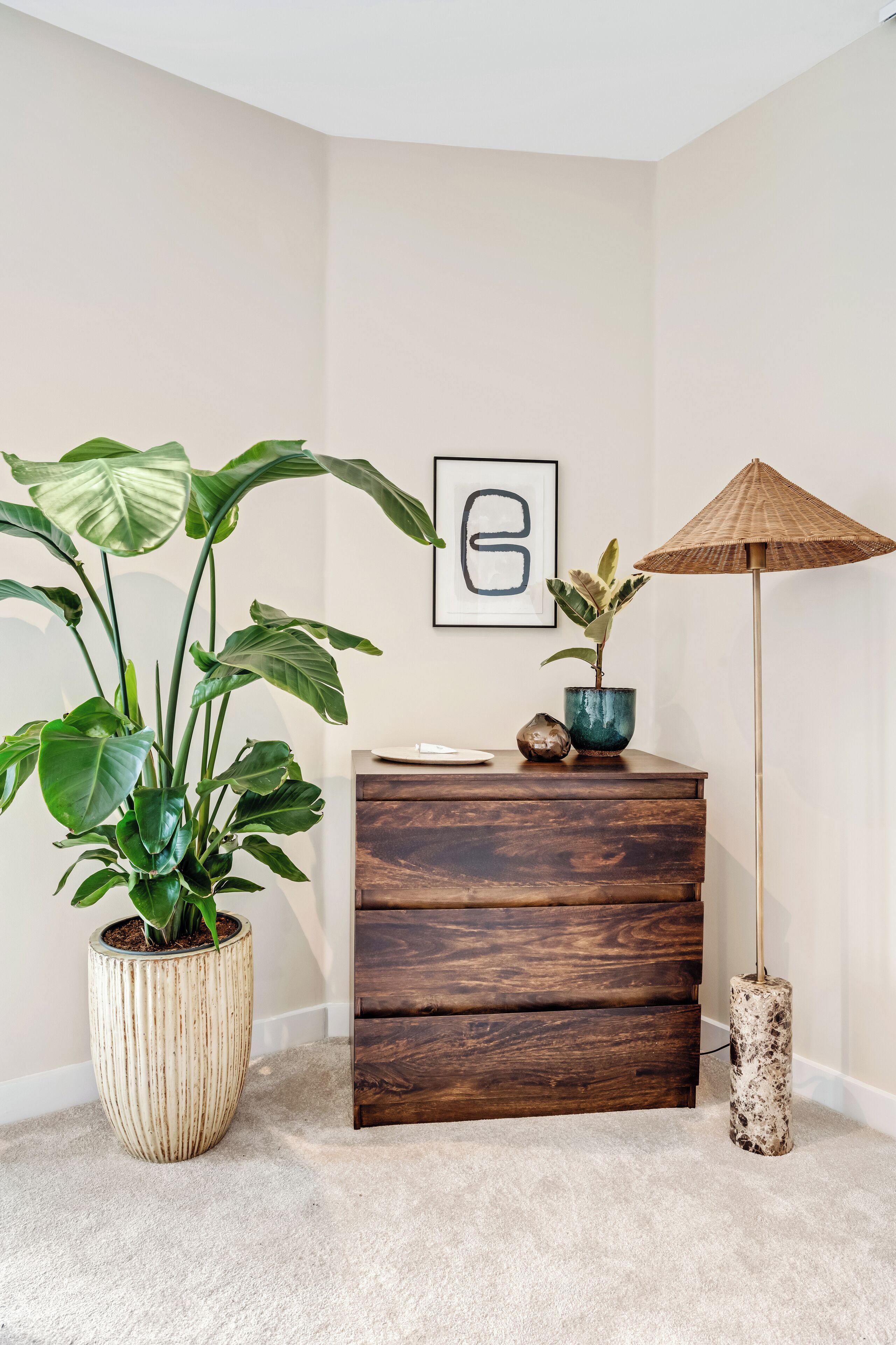 A corner room with a wooden dresser, a large potted plant, a smaller potted plant, a floor lamp, and a framed artwork on the wall.
