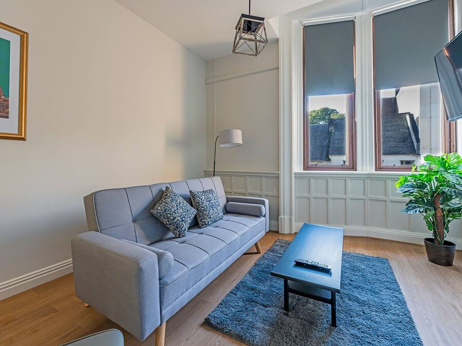 A modern living room with a grey sofa, a black coffee table, a large potted plant, and a framed picture on the wall.