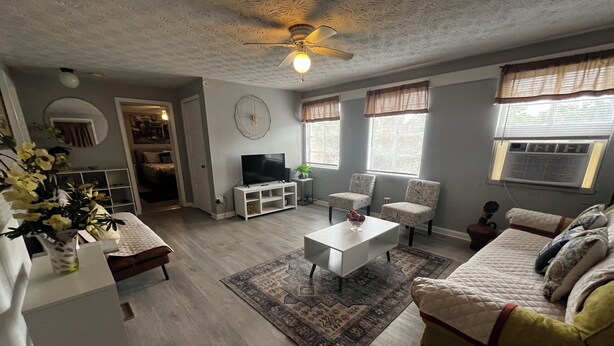 A living room with a white coffee table, a sofa, a TV on a stand, and a ceiling fan.