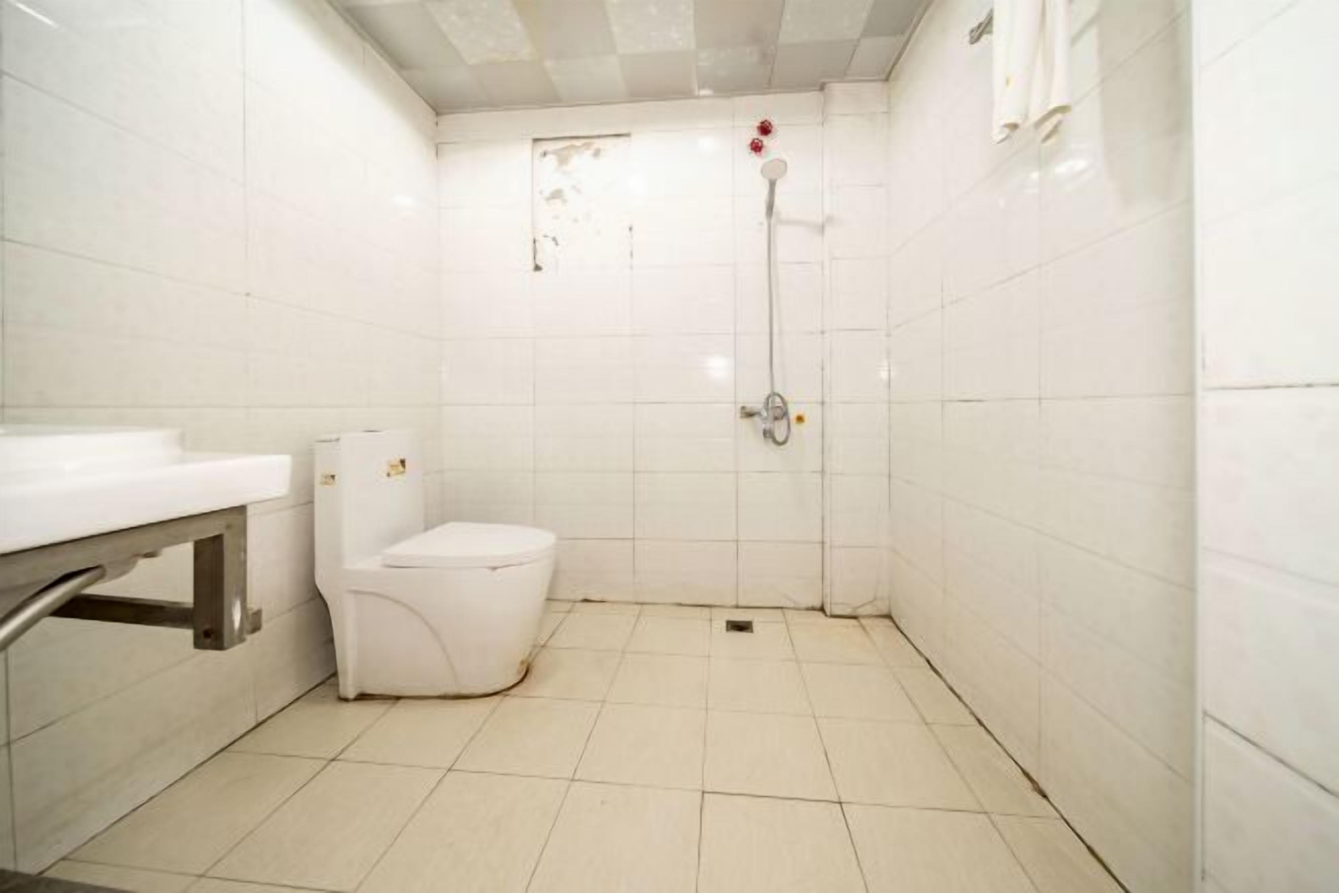 A small, white bathroom with a toilet, a shower, and a sink.