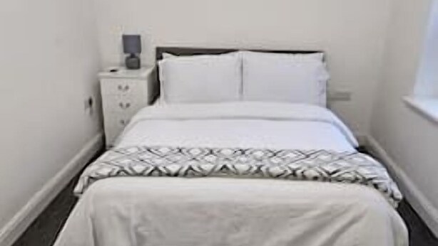 A bedroom with a bed, a bedside table with a lamp, and a patterned rug. - Amazing 1 bedroom flat in Bedford (Bedford)