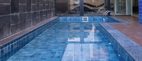 A small indoor pool with blue tiles, a metal ladder, and a glass wall in the background.