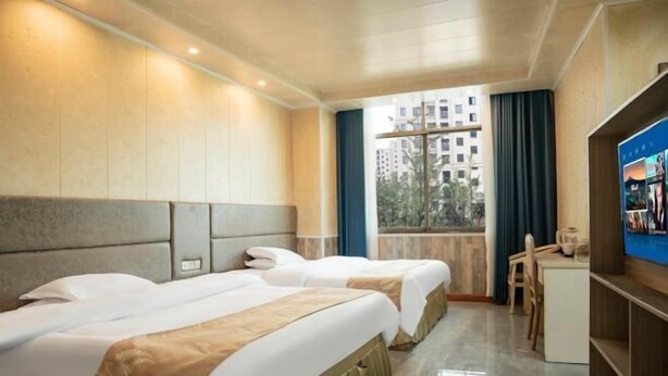 Une chambre d’hôtel avec deux lits, une télévision, un bureau et une vue sur les immeubles.