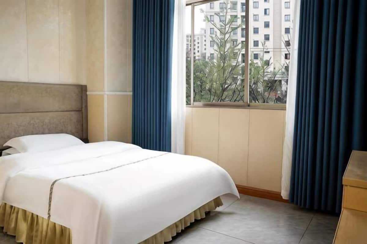 Habitación de hotel con una cama grande, una ventana con cortinas y vistas a edificios.