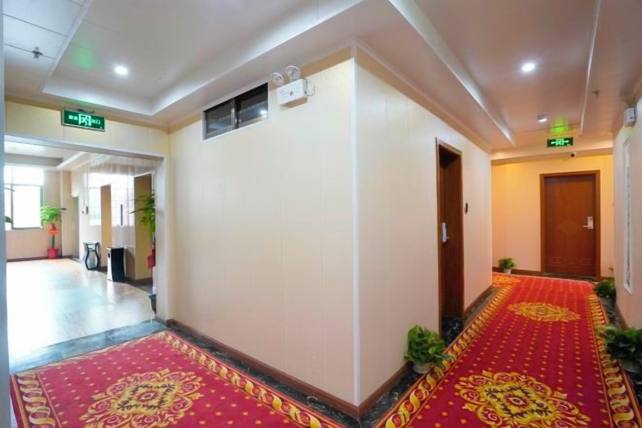 A hotel corridor with a red carpet, doors, and a plant.