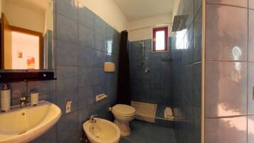 Een douche, een haardroger, een bidet, handdoeken