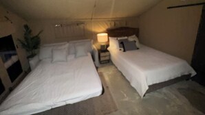 Ein Zimmer mit zwei Betten, einem Deckenventilator, einem Nachttisch mit Lampe und einer Zimmerpflanze.