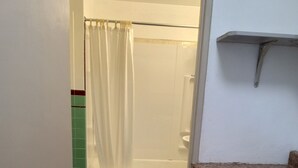 Une salle de bain avec douche, toilettes et lavabo.