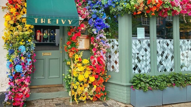 Un edificio con un tendone verde con la scritta "THE IVY" e una fioritura rigogliosa.