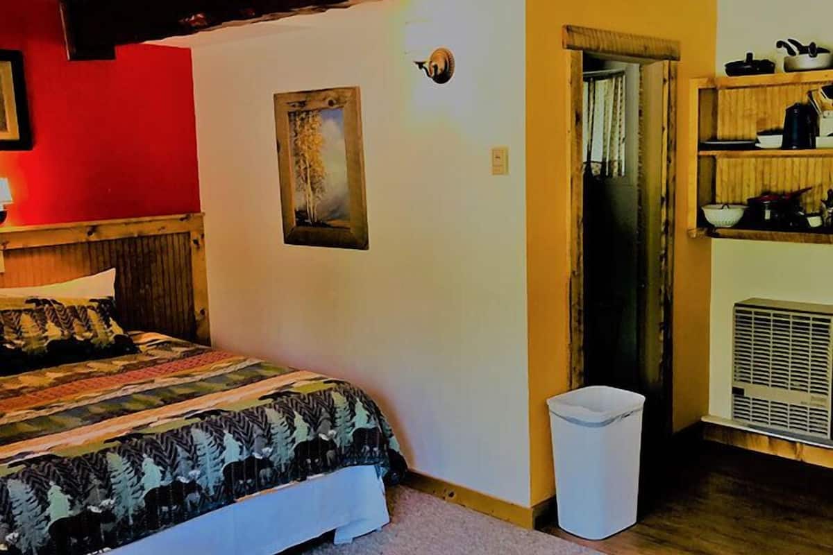 A bedroom with a bed, a picture on the wall, a trash bin, and a shelf with kitchen items.