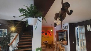 Uma escada com corrimão de madeira e um vaso com planta à esquerda.