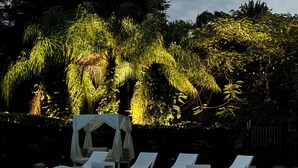 Zona de piscina con sillones de descanso y una estructura tipo toldo.