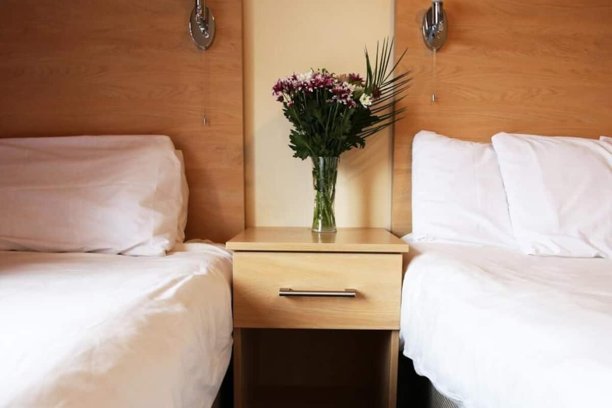 Quarto de hotel com duas camas de solteiro, uma mesinha de cabeceira de madeira com gaveta, e um vaso com flores.