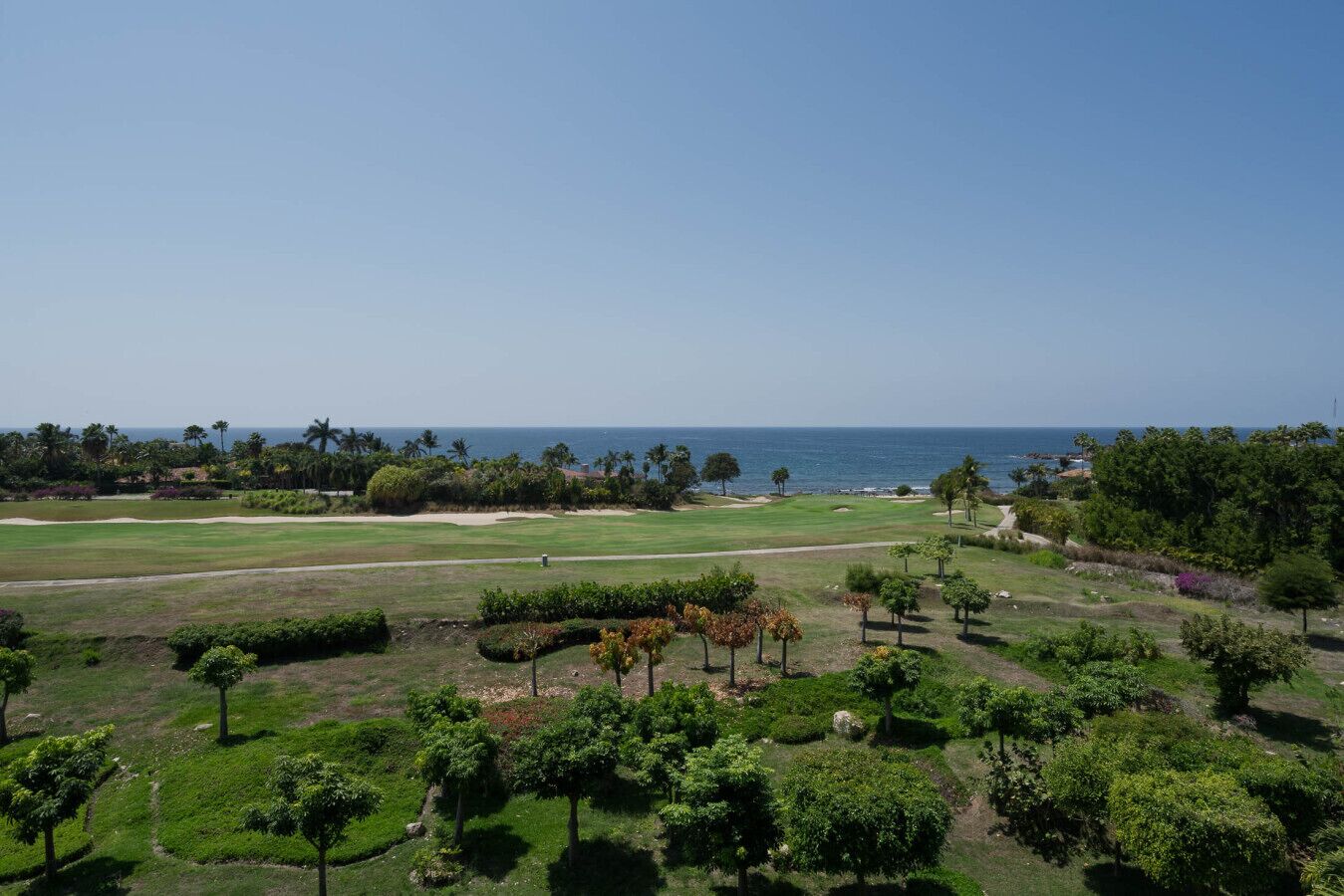 A golf course with a view of the ocean and palm trees.