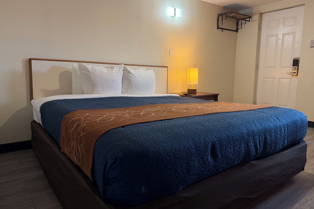 A hotel room with a bed, a nightstand, a lamp, and a door.