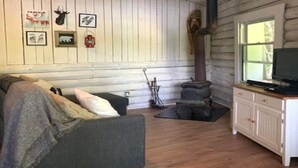 A cozy cabin interior with a sofa, a fireplace, and a television. - Cozy, renovated rustic cottage on the shore of beautiful navigable lake
 (Labelle)