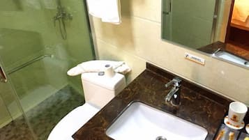 A bathroom with a glass shower enclosure, a white toilet, a sink with a marble countertop, and a mirror above the sink.