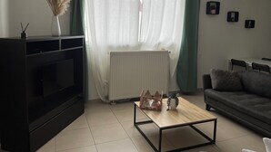 Un salon moderne avec un meuble de rangement noir pour les appareils électroniques, une table basse en bois, un canapé gris et un radiateur.