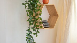 Una habitación con un estante hexagonal de madera que sostiene una manzana roja y piedras lisas, con una enredadera verde colgando.
