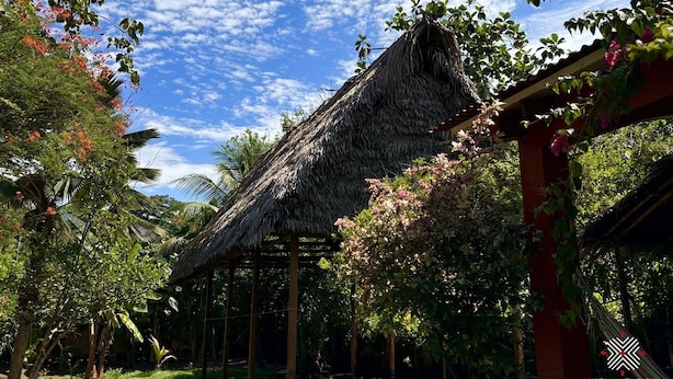 A thatched-roof structure with a red frame, surrounded by lush greenery and flowering plants. - Naupamanta Pacha (Chazuta)
