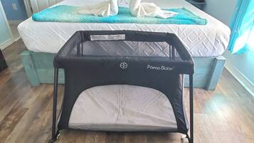 1 bedroom, desk, iron/ironing board, travel cot