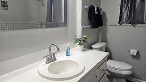 A modern bathroom with a white sink, a mirror, a toilet, and a potted plant. - Welcome to our inviting 2-bedroom home, perfect for accommodating up to 6 guests. Located just minutes from the Airport and McKinney Falls, this triplex-style home offers a comfortable stay with a private entrance. (Austin)