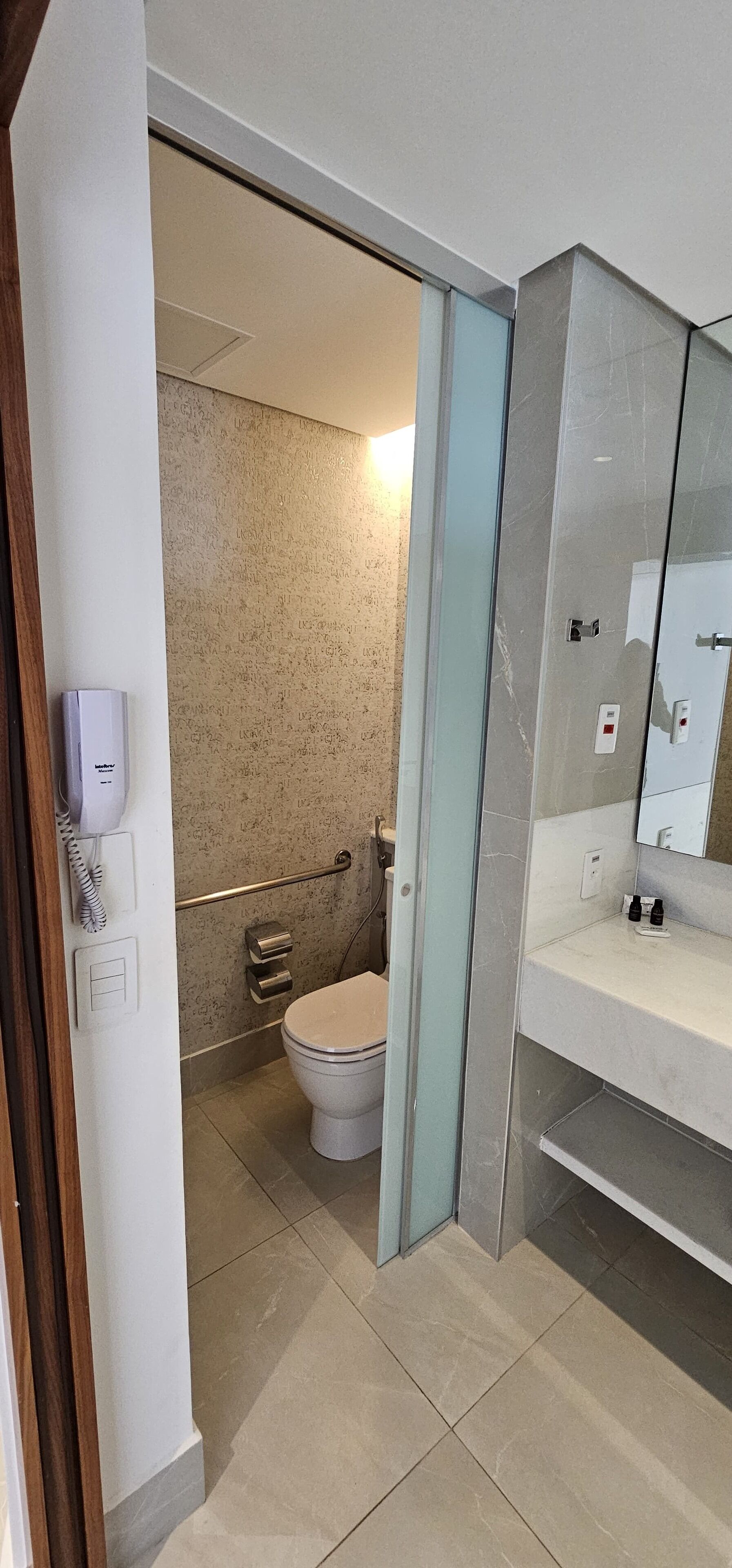 A modern bathroom with a toilet, a glass partition, and a vanity with a mirror.
