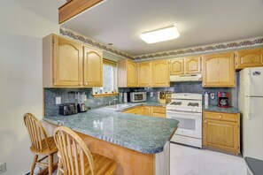 Fridge, microwave, oven, stovetop - Private Hot Tub: Lakefront Poconos Home! (Pocono Summit)