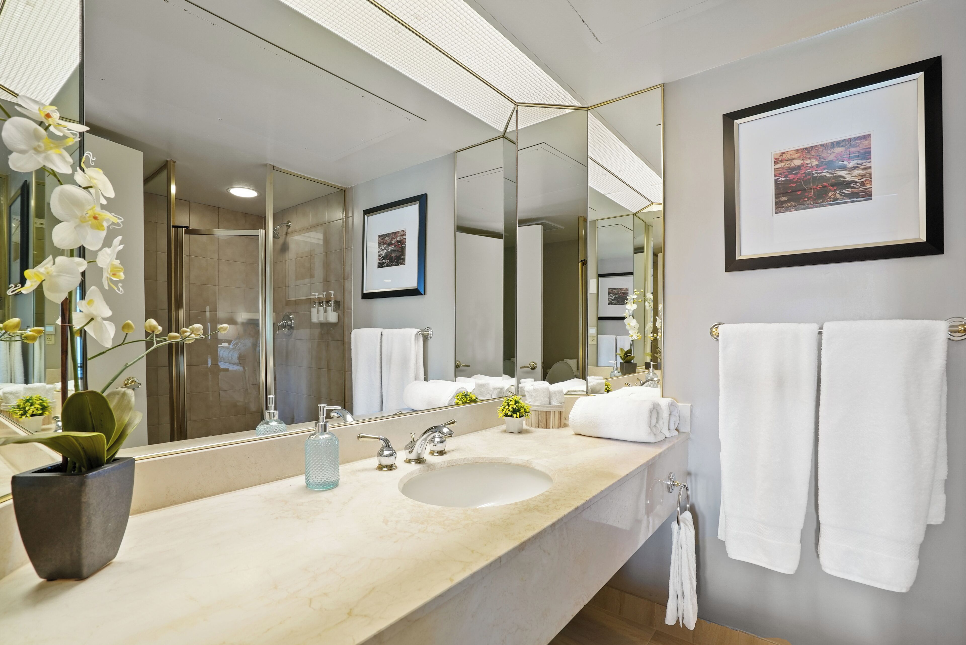Een moderne badkamer met een grote spiegel, een witte wastafel en een potorkidee.