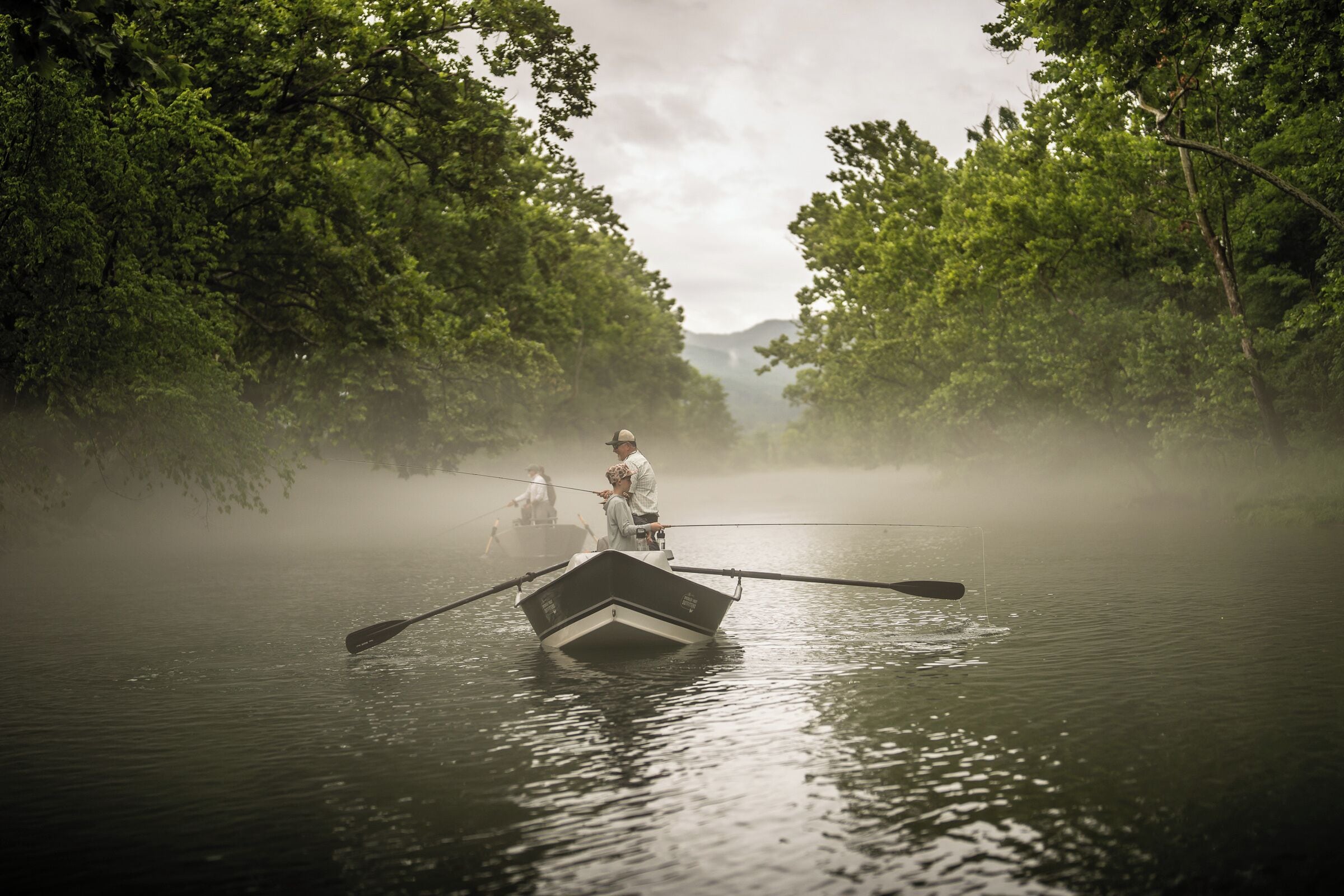 Una embarcación en aguas tranquilas rodeada de abundante vegetación.