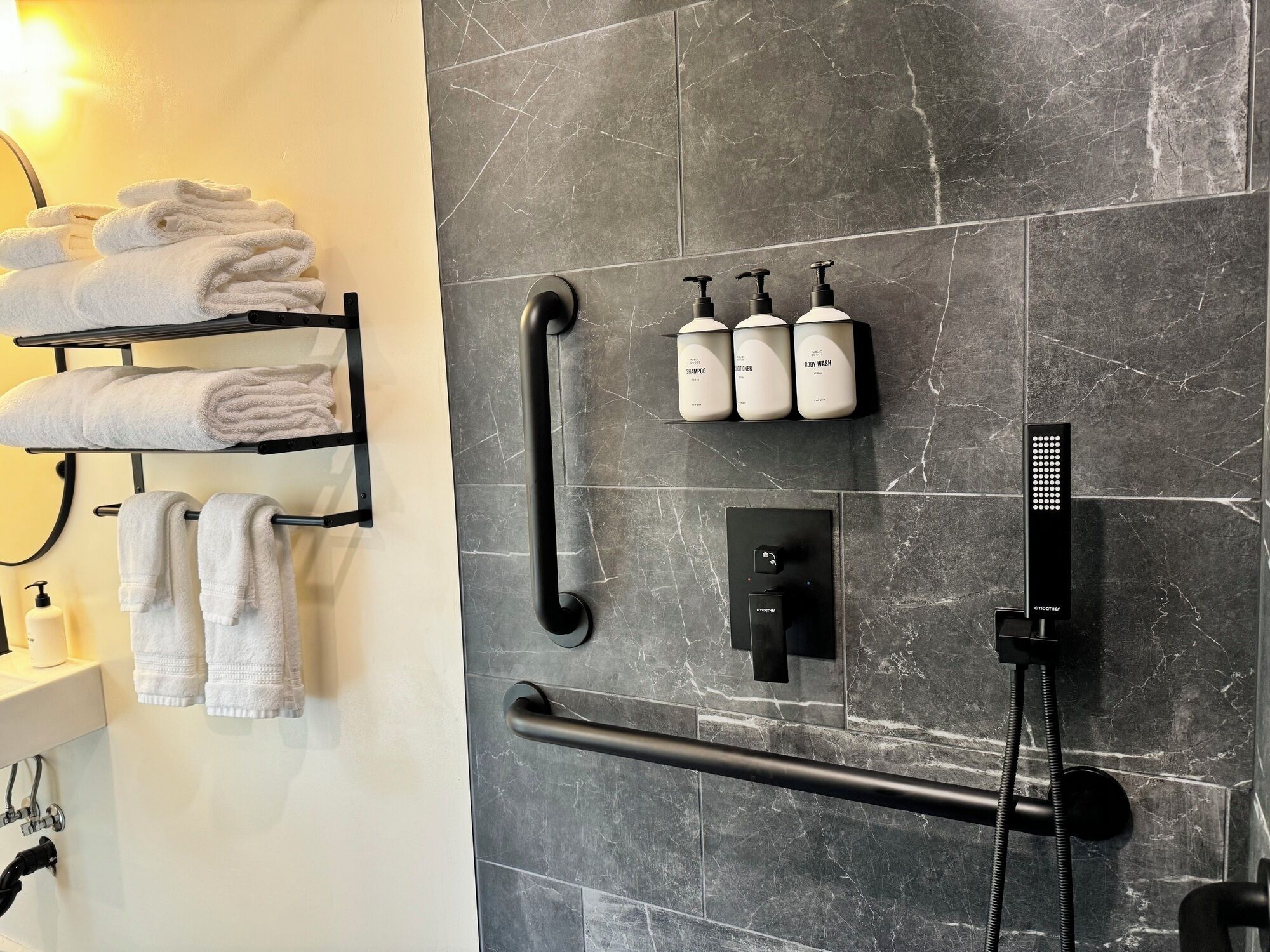 Shower, hair dryer, towels