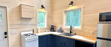 Fridge, microwave, stovetop, coffee/tea maker