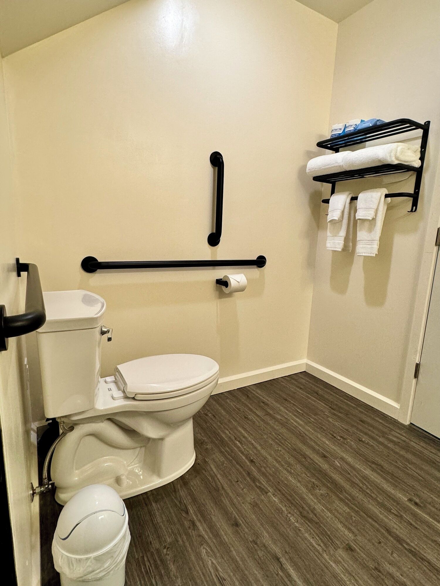 A bathroom with a toilet, grab bars, a towel rack, and a white bucket.