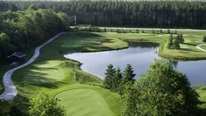 A golf course with a pond, surrounded by dense forest and a road. - KingBed+Kitchen+JacuzziTub+Pool+HotTub+Sauna (Oro)