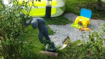 Un jardin avec une statue, une piscine gonflable jaune et un conteneur bleu.