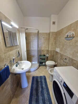 Shower, hair dryer, bidet, towels