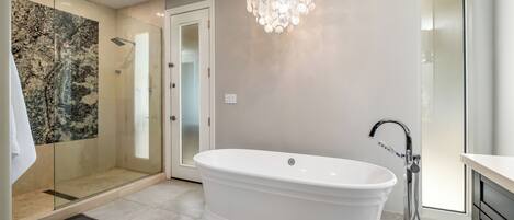 Une salle de bain moderne avec une baignoire sur pieds, une douche à parois de verre et un lustre.