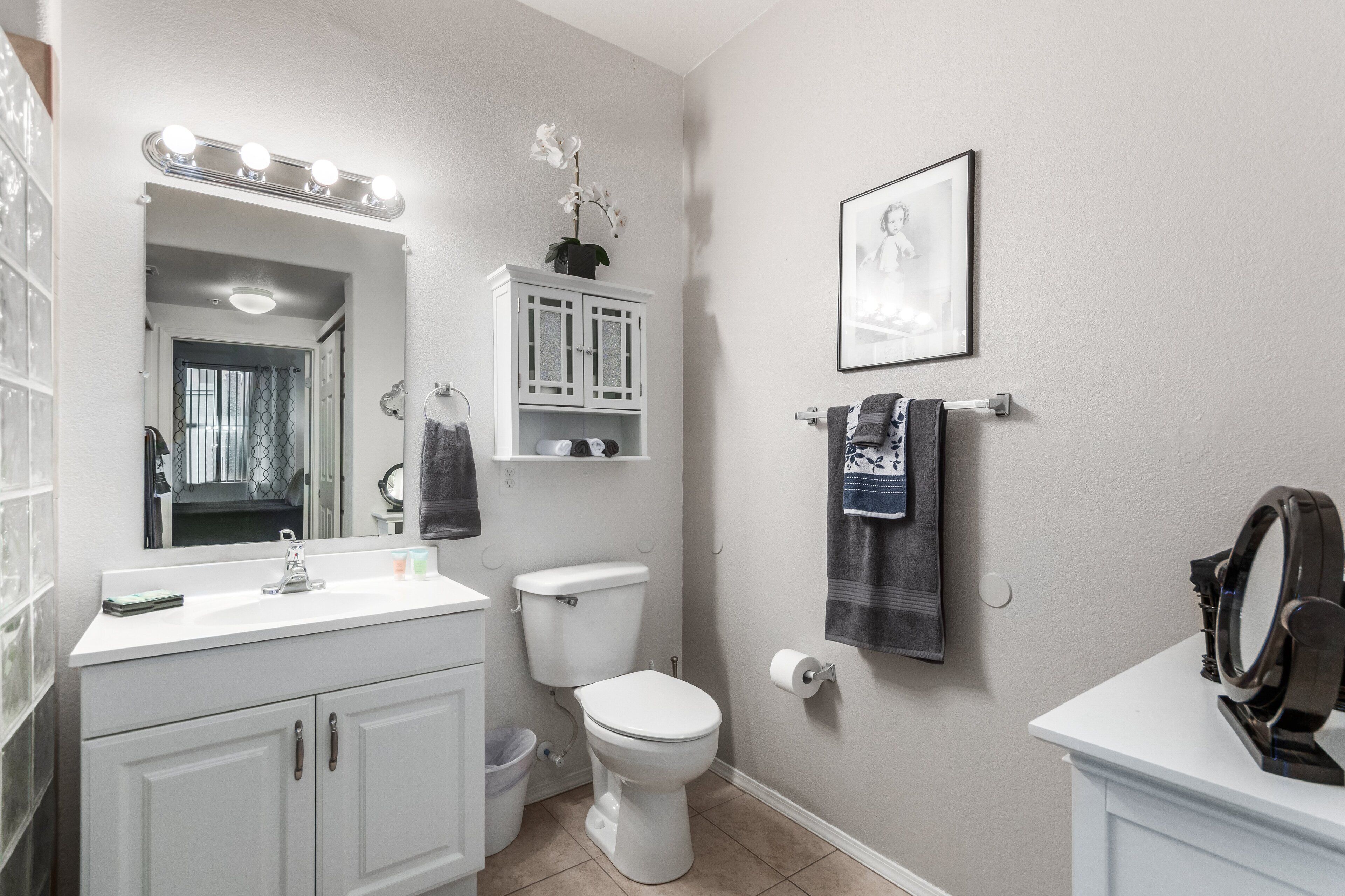 A bathroom with a white vanity, a toilet, a sink, a mirror with lights, a framed picture on the wall, and a towel rack.