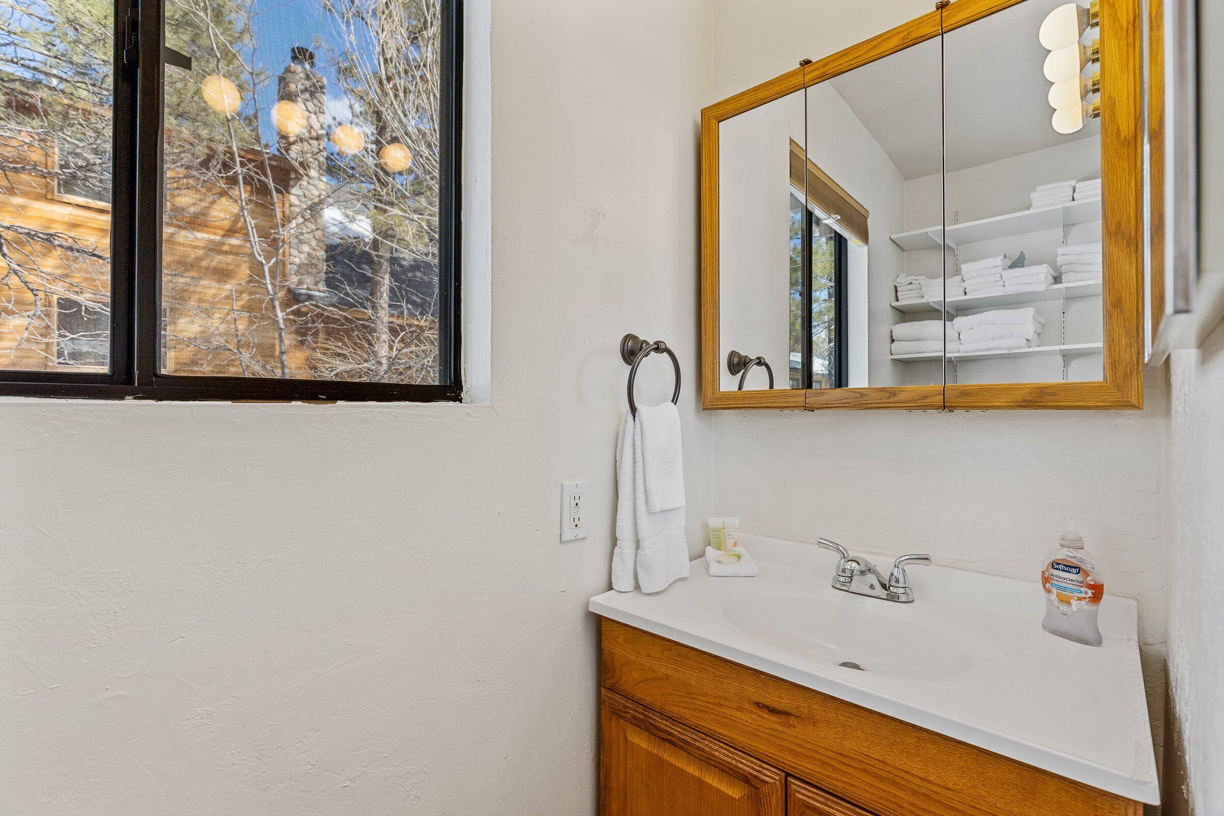 A bathroom with a white sink, wooden vanity, a large mirror, and a window with a view of trees and a building.
