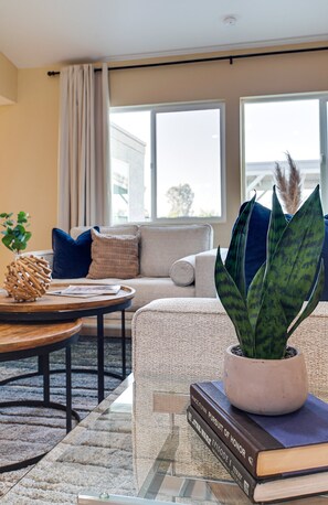 A modern living room with a sofa, coffee table, and a potted plant.