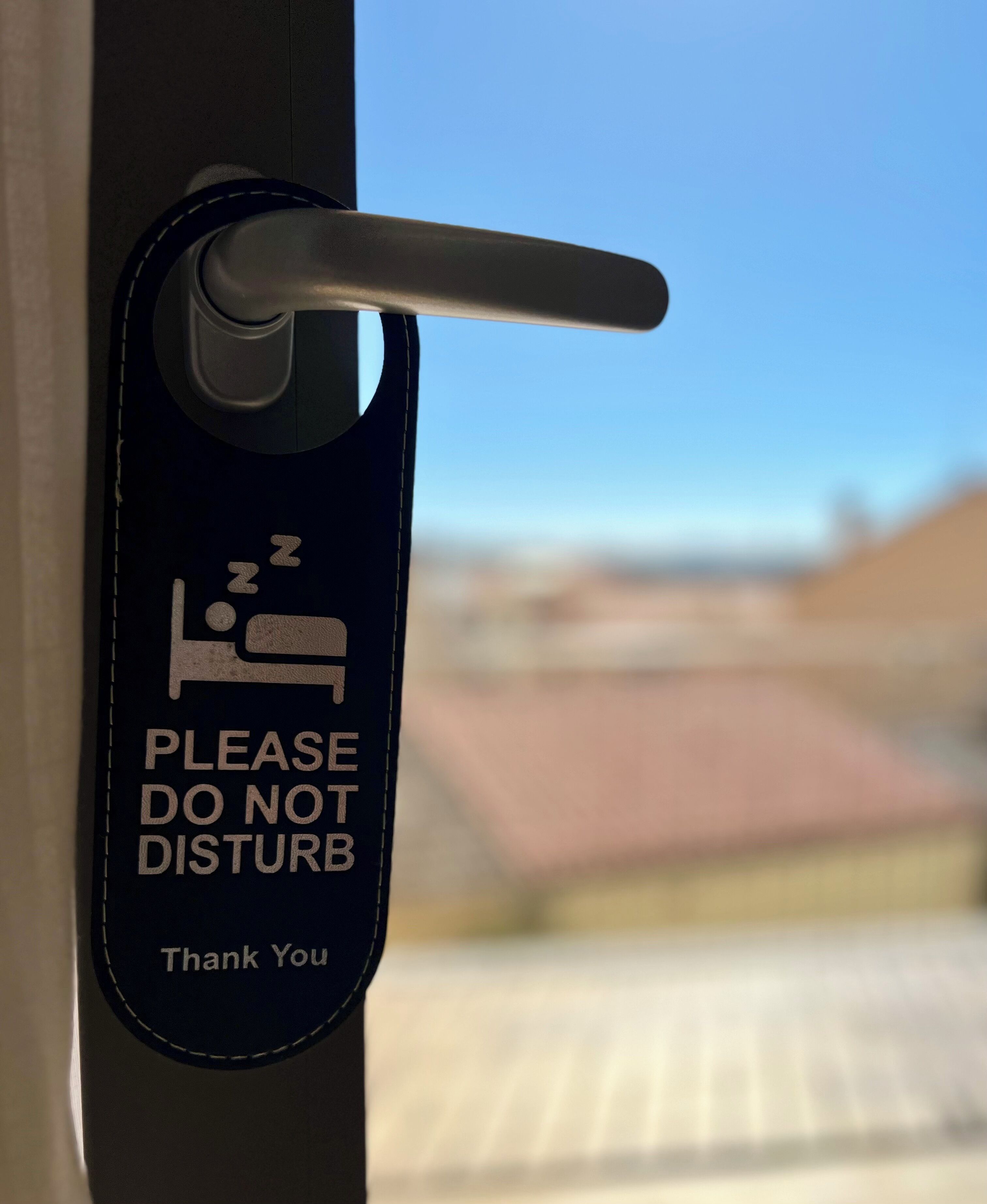 A door with a sign that says 'PLEASE DO NOT DISTURB Thank You' and a symbol indicating a bed.