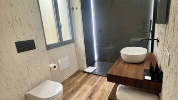 A modern bathroom with a toilet, bidet, and a large mirror above a wooden vanity.