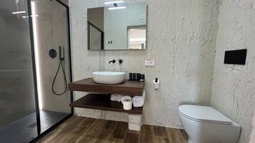 Een moderne badkamer met een douchecabine van glas, een houten wastafelmeubel met een witte wasbak en een toilet.