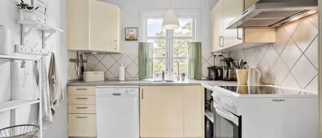 Fridge, stovetop, dishwasher, coffee/tea maker