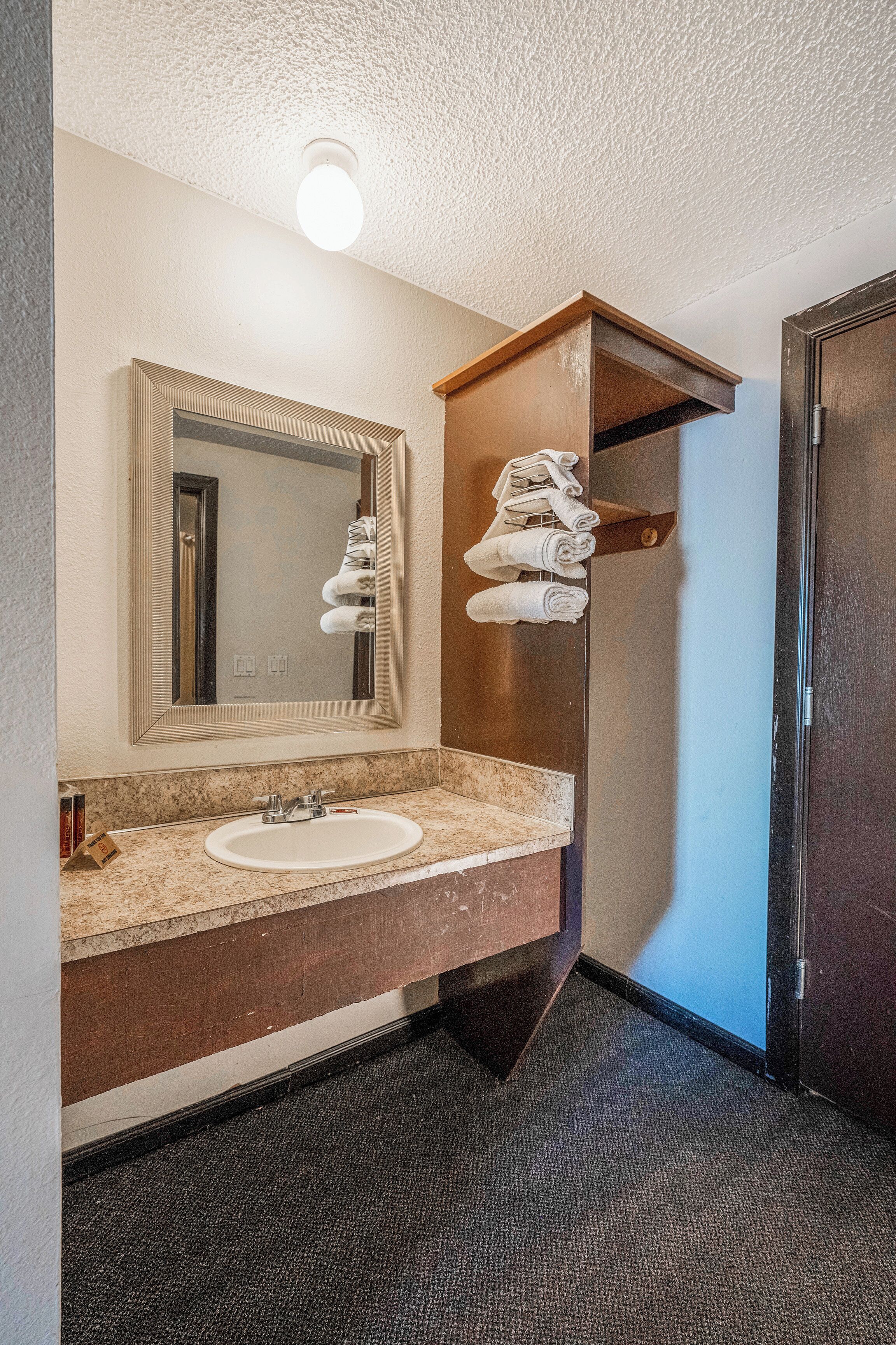 A bathroom with a sink, mirror, towel rack, and a door.
