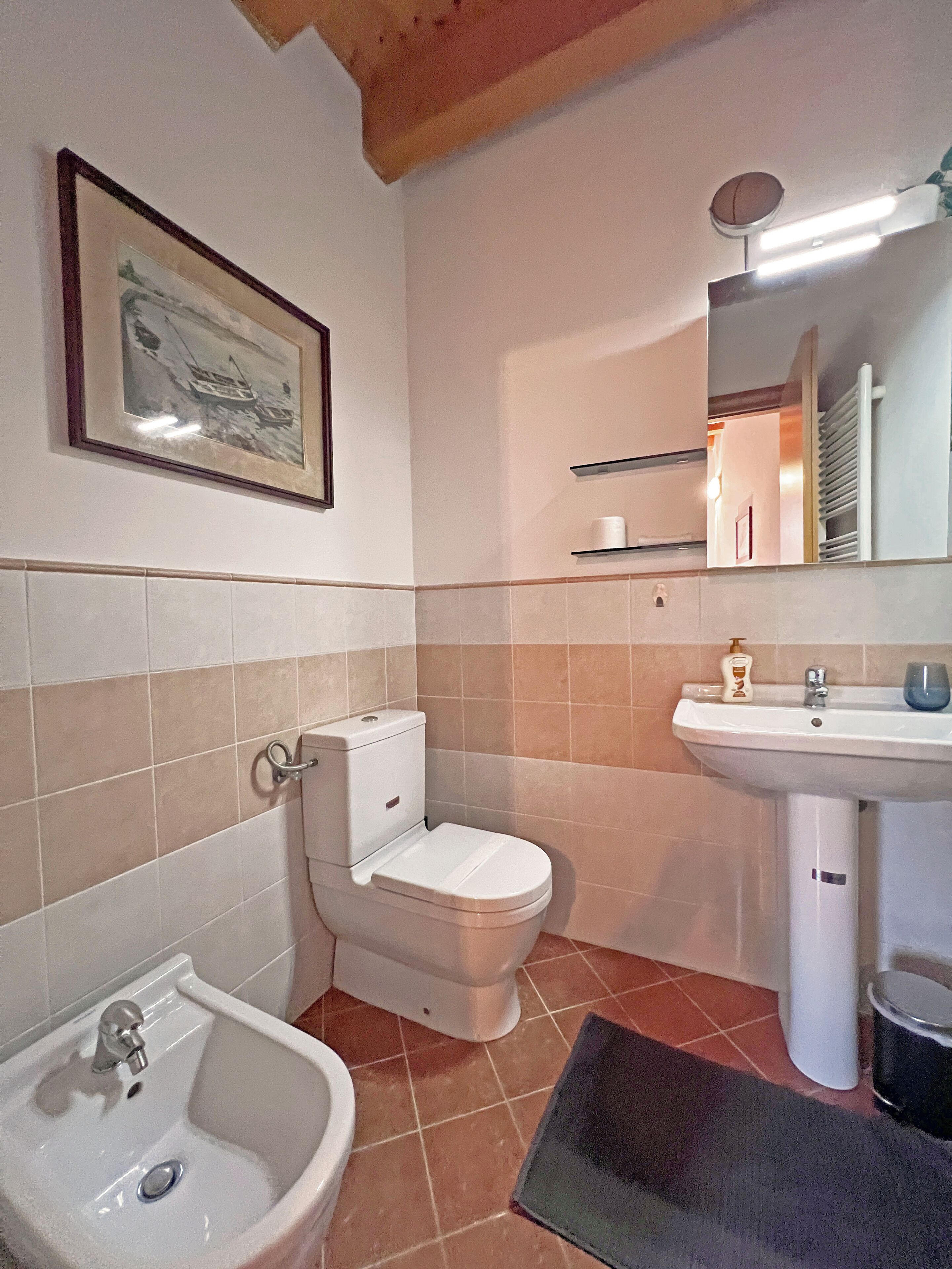 Een badkamer met toilet, wastafel en een foto in een lijst aan de muur.