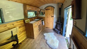 A wooden cabin interior with a kitchen, a stove, and a fur rug on the floor.
